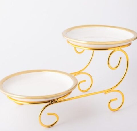 Platou Etajat Elegant din Porțelan – Candy Bar cu 3 Nivele și Suport Auriu