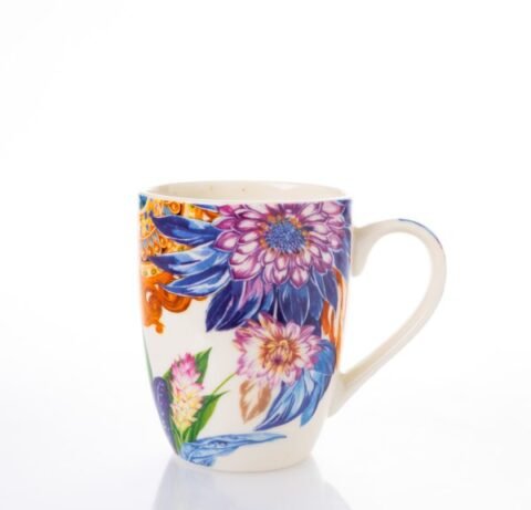 Cană Ceramică cu Capacul din Lemn – Design Floral Roz, 350 ml, Eleganță și Natură în Fiecare Detaliu