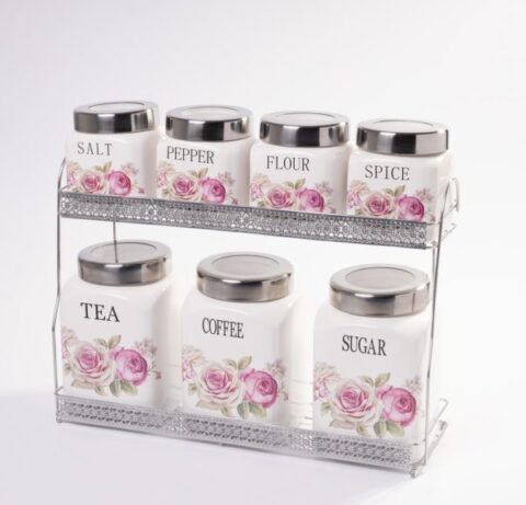 Eleganță și Organizare – Set Condimente 7 Piese cu Capac Inox și Suport Metalic