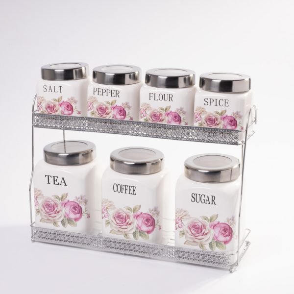 Eleganță și Organizare – Set Condimente 7 Piese cu Capac Inox și Suport Metalic