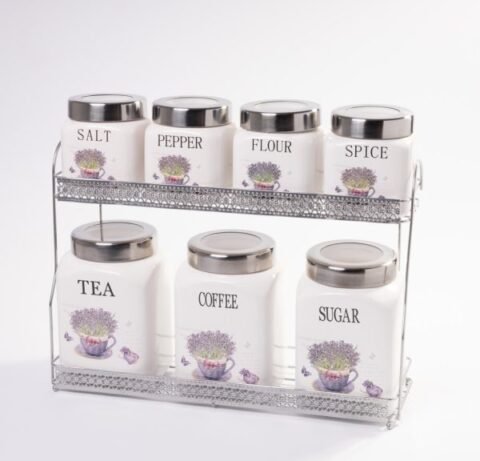 Organizare Elegantă – Set Condimente din Ceramică & Inox (7 Piese + Suport)