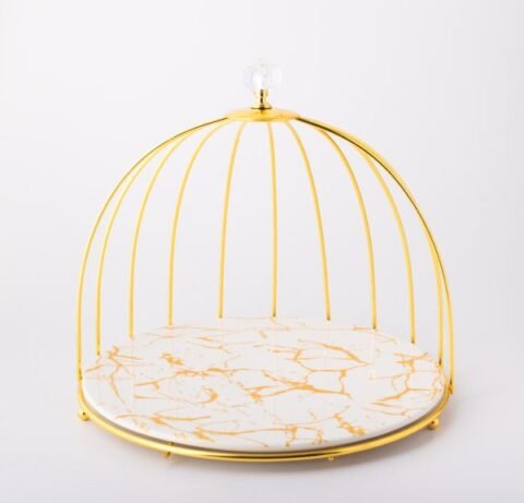 Suport Tort Tip Cușcă – Design Elegant Alb & Auriu, Ø25 cm