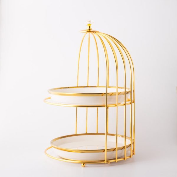 Suport Tort Elegant „Cușcă Aurie” – Cake Stand Alb & Auriu pe 2 Nivele - imagine 3