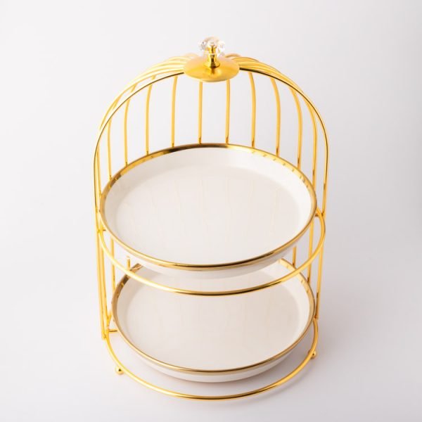 Suport Tort Elegant „Cușcă Aurie” – Cake Stand Alb & Auriu pe 2 Nivele - imagine 5