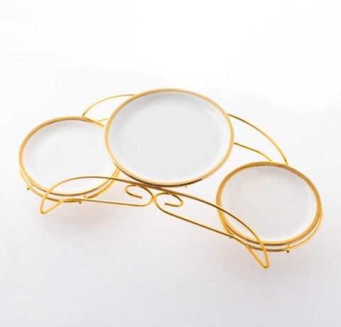 Platou Etajat Candy Bar – 3 Nivele Elegante din Porțelan cu Suport Auriu