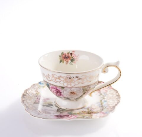 Set 2 Cești Cafea cu Farfurii – 180 ml, Design Floral Lila, Porțelan Elegant în Cutie Cadou