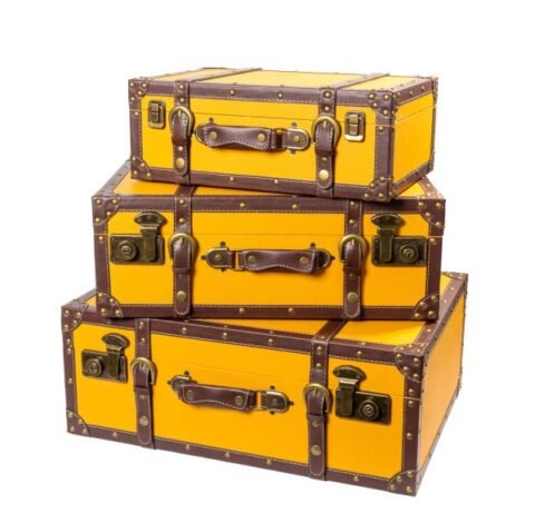 Set 3 Valize Decorative Vintage – Galben Retro cu Accente Metalice
