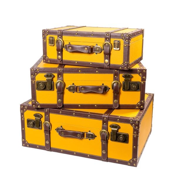 Set 3 Valize Decorative Vintage – Galben Retro cu Accente Metalice