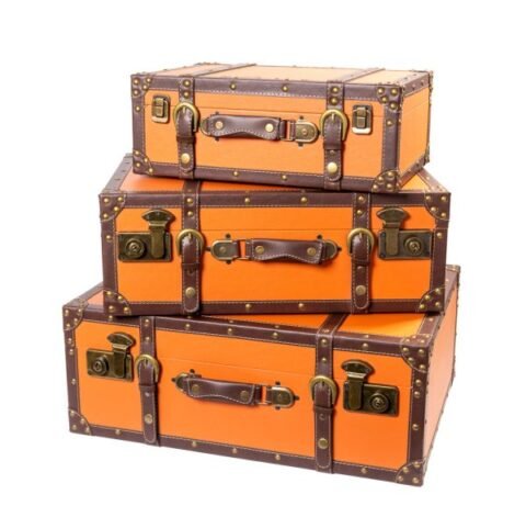 Set 3 Valize Decorative Vintage – Portocaliu Cupru cu Detalii Retro