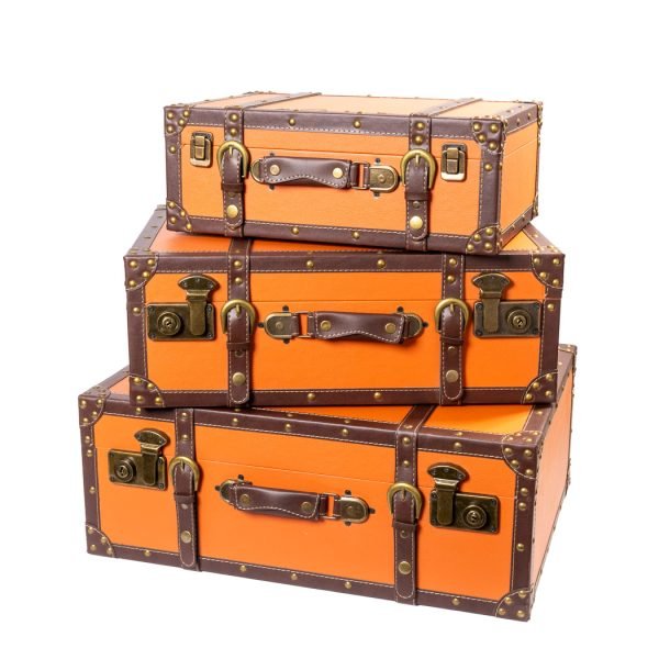 Set 3 Valize Decorative Vintage – Portocaliu Cupru cu Detalii Retro