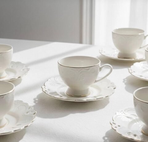Set de 6 cești cu farfurii dantelate din porțelan 150ml